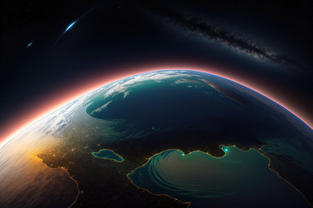 View of the planet Earth from space during sunrise. 3D renderingの素材