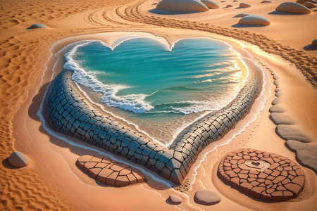 3D illustration of a heart in the desert with stones and sandの素材