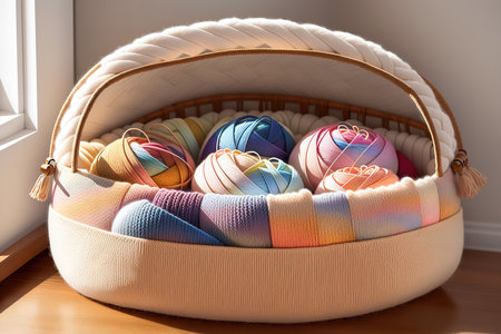 Basket with yarn and knitting needles on a wooden floor. 3d renderの素材