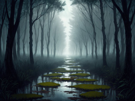 Mysterious foggy forest with puddles on the groundの素材