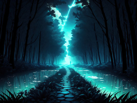 Conceptual image of pathway in a dark forest with neon lightsの素材