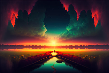 Landscape with a river and a beautiful sunset. Vector illustration.の素材