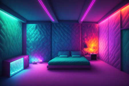 3d render of bedroom with purple and blue neon light on wallの素材