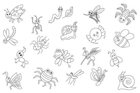 set of cartoon insects with black outlineのイラスト素材