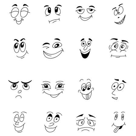 set of funny cartoon faces with black outlineのイラスト素材