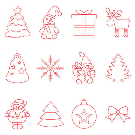 set of christmas ornaments in red outlineのイラスト素材