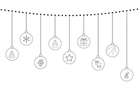 set of christmas ornament on a string with black outlineのイラスト素材