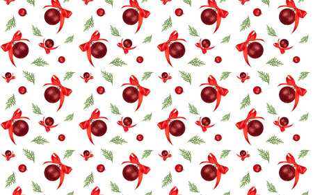 christmas seamless pattern red ornament with bow and spruce branchの写真素材