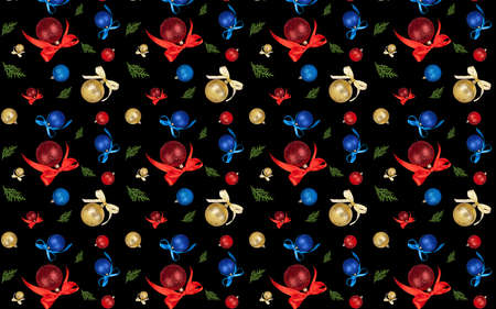christmas seamless pattern on black background red, blue and gold ornament and fir branchの写真素材