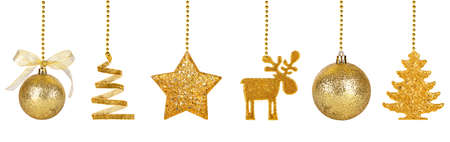 christmas set of gold glitter ornament isolatedの写真素材
