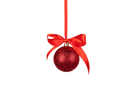 red glitter ornament with red ribbon isolateの写真素材