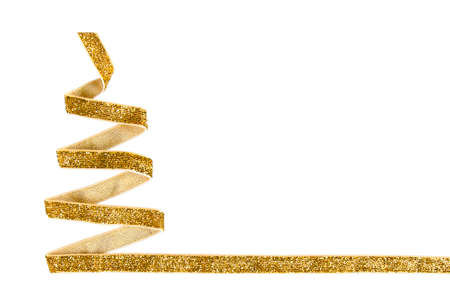 concept christmas tree made of golden ribbon isolateの写真素材