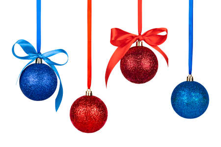 set of ornaments balls red and blue with ribbon and bow isolateの写真素材