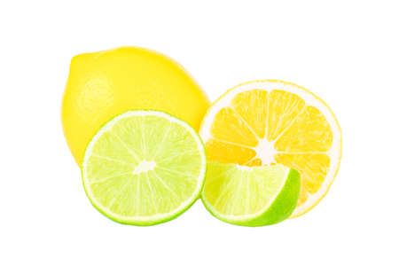 lemon and lime isolated on white backgroundの写真素材
