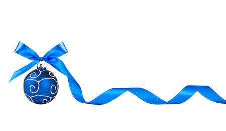 blue ornament with glitter and ribbon isolatedの写真素材