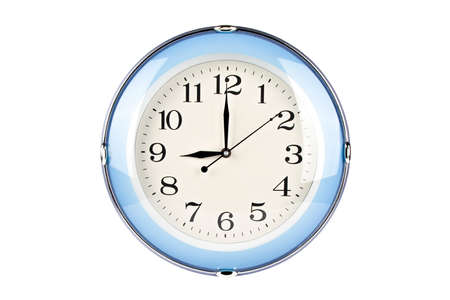 blue wall clock isolated on white backgroundの写真素材