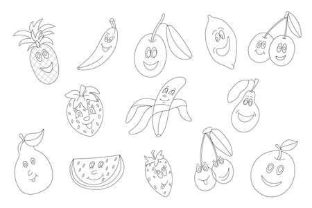 set of different fruits with black outlineのイラスト素材