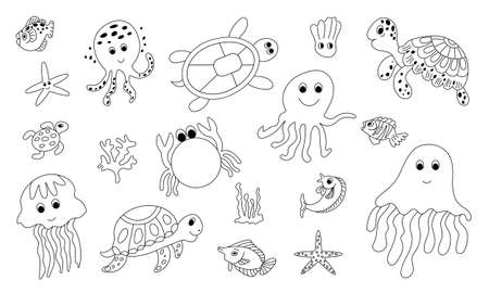 sea ââanimals set with black outlineのイラスト素材