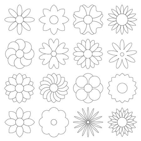 set of large flowers with black outlineのイラスト素材