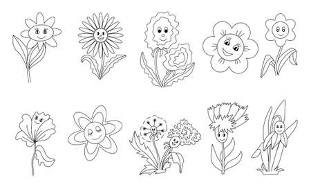 set of cartoon flowers with black outline eyesのイラスト素材