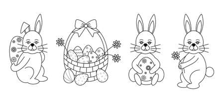 set of easter bunnies with eggs black outlineのイラスト素材