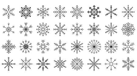 set of snowflakes with black outline on white backgroundのイラスト素材