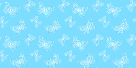 seamless pattern on blue background butterflies with white outlineのイラスト素材