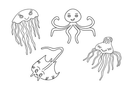stingray, octopus, jellyfish black outlineのイラスト素材