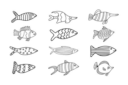 set of fish ten pieces black outlineのイラスト素材