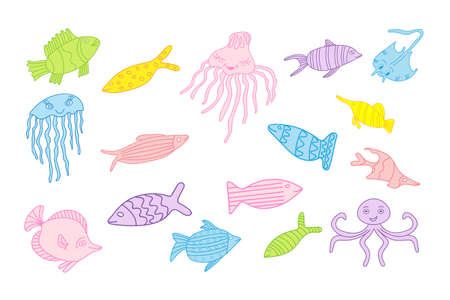 set of colored fish sixteen piecesのイラスト素材