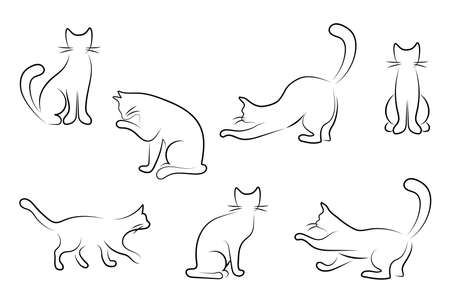 set of seven cats black outlineのイラスト素材