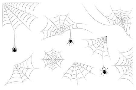 set of halloween cobwebs with spiders black silhouetteのイラスト素材