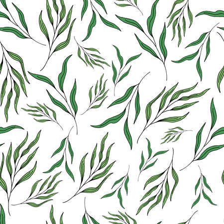 seamless pattern on a white background hand-drawn green branches with leavesのイラスト素材