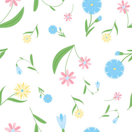 seamless pattern on a white background flowers yellow, blue and pinkのイラスト素材