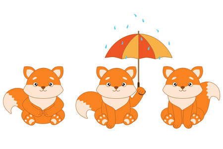 set of foxes with umbrella and raindropsのイラスト素材