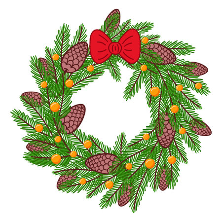 Christmas wreath of spruce branches with cones and a garlandのイラスト素材