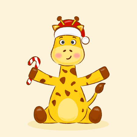 giraffe in santa claus hat holding red candy in handのイラスト素材