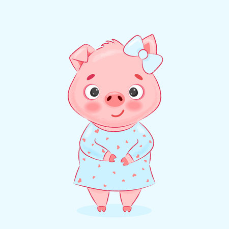 pink pig in a blue dress with hearts and a bow on her earのイラスト素材