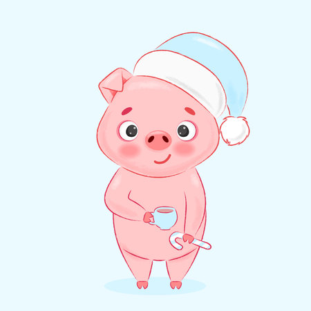 a pink pig in a blue hat holds a mug of coffee and a candy in his handsのイラスト素材