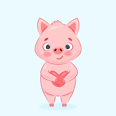pink pig holding a heart in his handsのイラスト素材