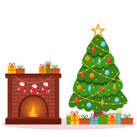 christmas tree with fireplace and socksのイラスト素材