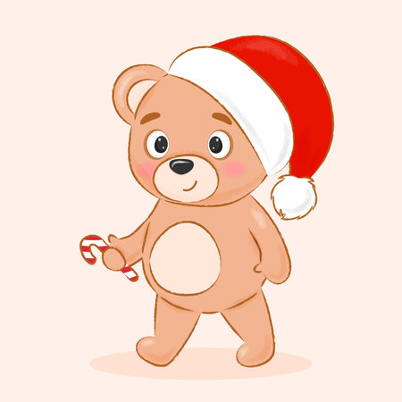 cute funny bear in christmas hat and candyのイラスト素材