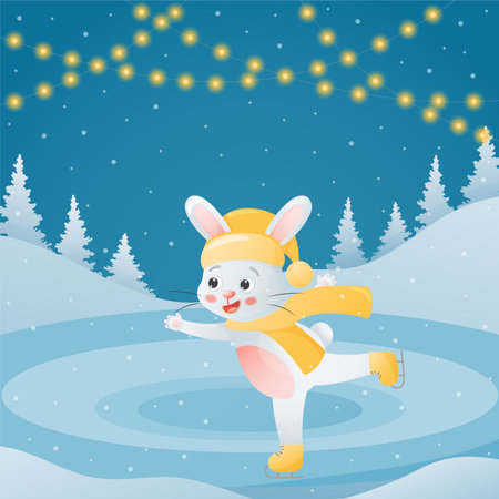 christmas card bunny ice skatingのイラスト素材