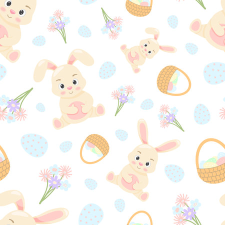 easter seamless pattern bunny, eggs, flowersのイラスト素材
