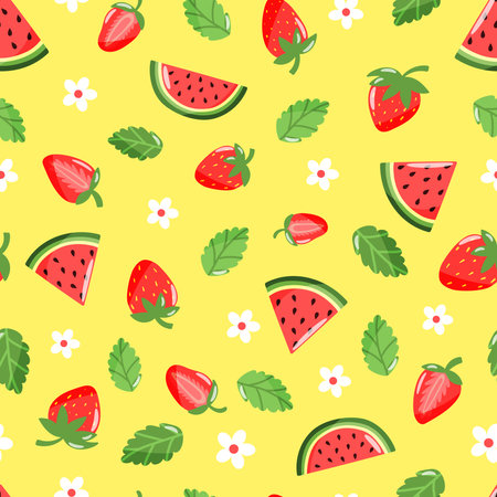 seamless pattern on yellow background watermelon, strawberries and leavesのイラスト素材