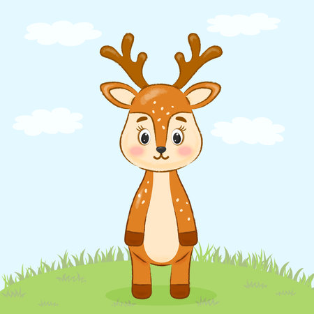 cute deer stands on a green lawnのイラスト素材