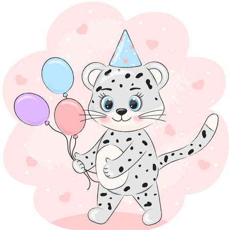 birthday card. lynx with a gift and a festive capのイラスト素材