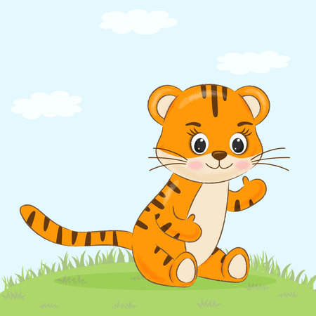 holiday card .cute tiger on a blue background with cloudsのイラスト素材