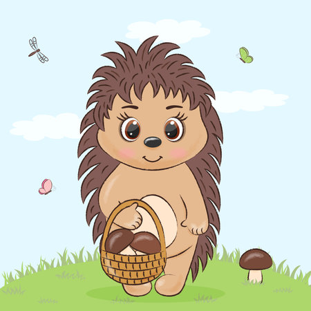 <p>cute hedgehog with a basket and mushrooms on a blue background with butterflies</p>の写真素材
