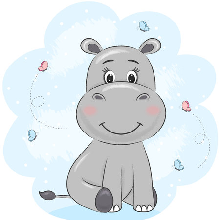 <p>cute hippopotamus on a blue background with butterflies</p>のイラスト素材